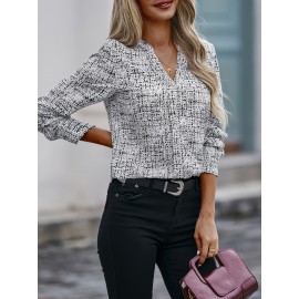 All Over Print V Neck Blouse, Elegant Long Sleeve Blouse, Women's Clothing