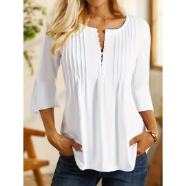 Button Front Ruched Blouse, Casual Solid Crew Neck Blouse, Women's Clothing