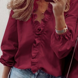Ruffled Trim V Neck Shirt, Elegant Loose Long Sleeve Shirt, Women's Clothing