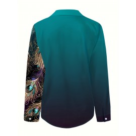 Peacock Feather Print Shirt, Long Sleeve Button Up Casual Top For Fall & Spring, Women's Clothing