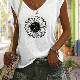 Sunflower Print V Neck Tank Top, Casual Sleeveless Tank Top For Summer, Women's Clothing