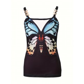 Butterfly Print Chain Linked Strap Cami Top, Casual V-neck Sleeveless Cami Top For Summer, Women's Clothing
