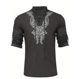 Cotton Boho Style Pattern Embroidery Men's 2 Pieces Outfits, Long Sleeve Lace Up Shirt And Drawstring Solid Trousers Set