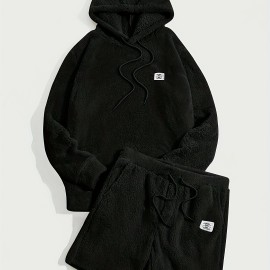 Men's Fluffy 2Pcs Outfits, Casual Hoodies Long Sleeve Pullover Hooded Sweatshirt Snuddie And Sweatpants Shorts Set For Spring Fall, Men's Clothing