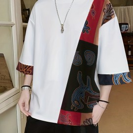 Men's Loose Vintage Ethnic Pattern Floral Printed Crew Neck T-shirt Casual Tee 3/4 Sleeve Summer Beach Tops Chinese Vintage Streetwear