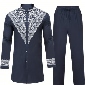 Men's African Dashiki Shirt Metallic Floral Printed Slim Fit Long Sleeve Hoodies Shirts