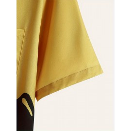 Trendy Comic Style Print Men's Casual Short Sleeve Shirt With Chest Pocket, Men's Shirt For Summer Vacation Resort, Tops For Men, Gift For Men