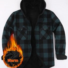 Plaid Pattern Men's Casual Thick Long Sleeve Hooded Shirt With Pockets, Men's Button Up Shirt For Fall Winter