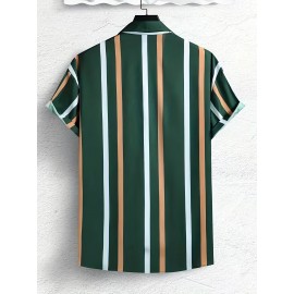 Men's Stripe Turndown Collar Short Sleeve Shirt, Trendy Comfy Shirt For Summer